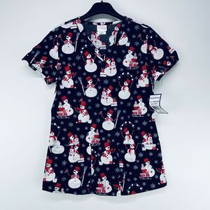 Willow Brook Women's XS Scrub Top Snowman Birds Present Snowflakes Black Red NWT